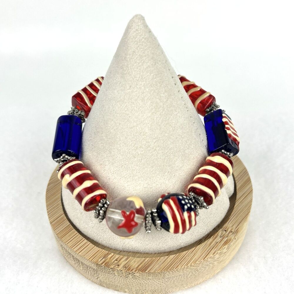 Chunky Glass Lampwork Beaded Stretch Bracelet American Flag